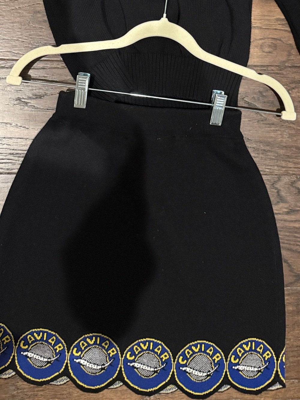 Rachel Antonoff Black Mini Skirt with Blue and Yellow Crest Trim